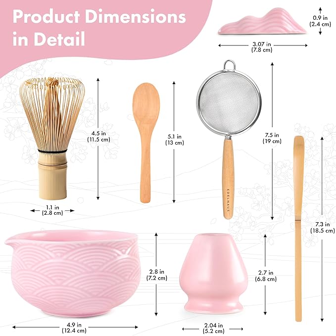 Matcha Whisk Set (7 Pcs) - Complete Matcha Set, Matcha Bowl with Spout, Whisk with Holder, Bamboo Scoop with Rest and Sifter, Perfect Kit for Matcha Lovers (Sakura Pink)