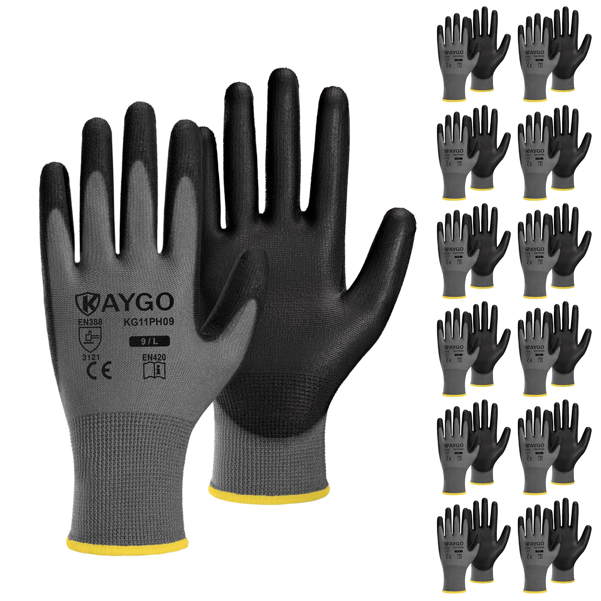 KAYGO Safety Work Gloves for Men Women, PU Coated Palm & Fingers, KG11P