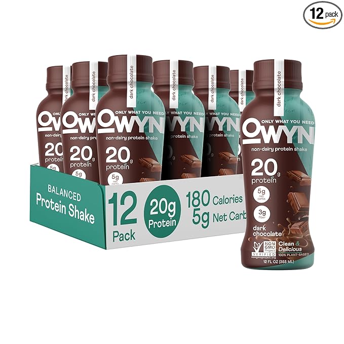 OWYN Only What You Need Plant Based Protein Shake, Dark Chocolate, 20g Vegan Protein from Organic Pumpkin seed, Flax, Pea Blend, Omega-3, Prebiotic supplements, Gluten and Soy-Free, (12 Pack)