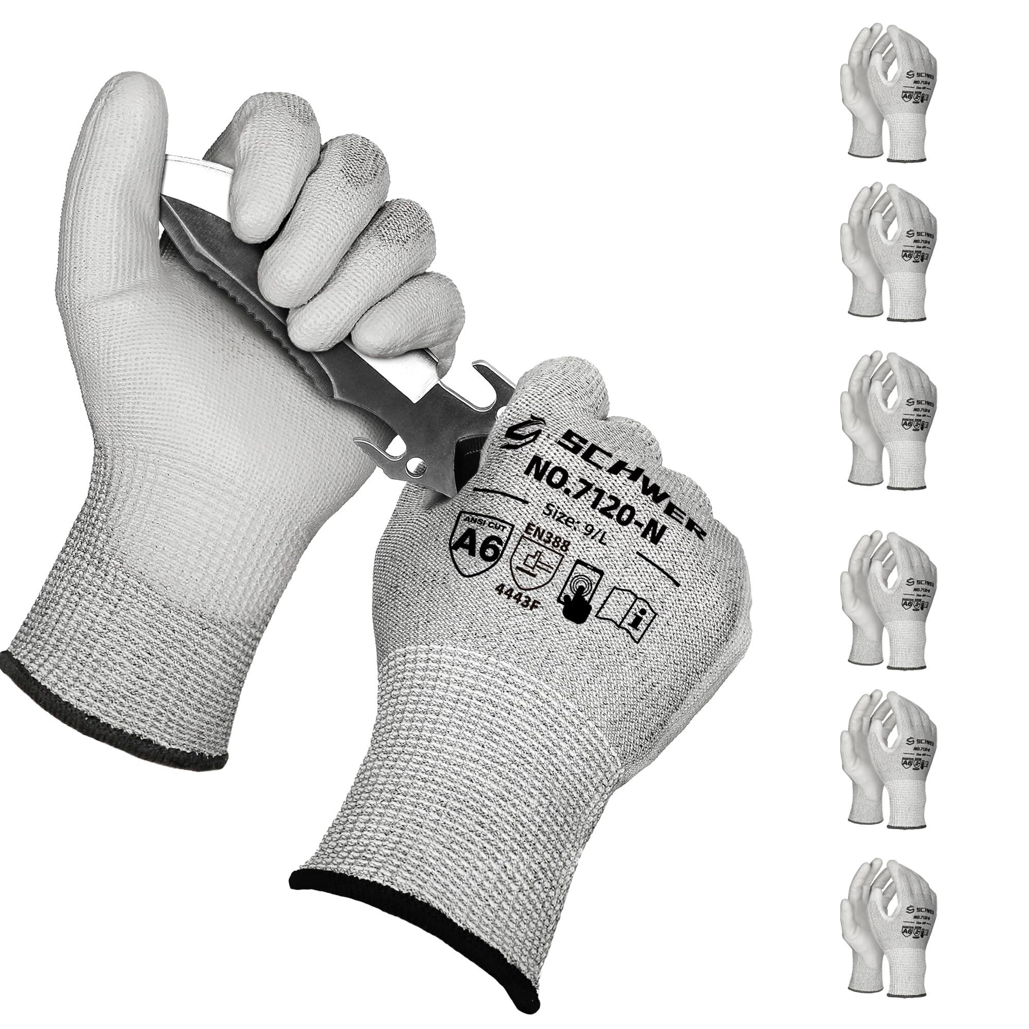 Schwer 6 Pairs A6/A7 (Send Randomly) Cut Resistant Work Gloves, CR7120, L