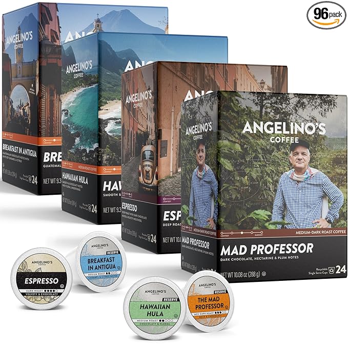 Angelino's Coffee Reserve Variety Pack, 96 Count – 4 Premium Single-Origin Blends, K Cup Compatible for Keurig – Italian Roast, Mad Professor, Breakfast in Antigua & Costa Rica Volcanica