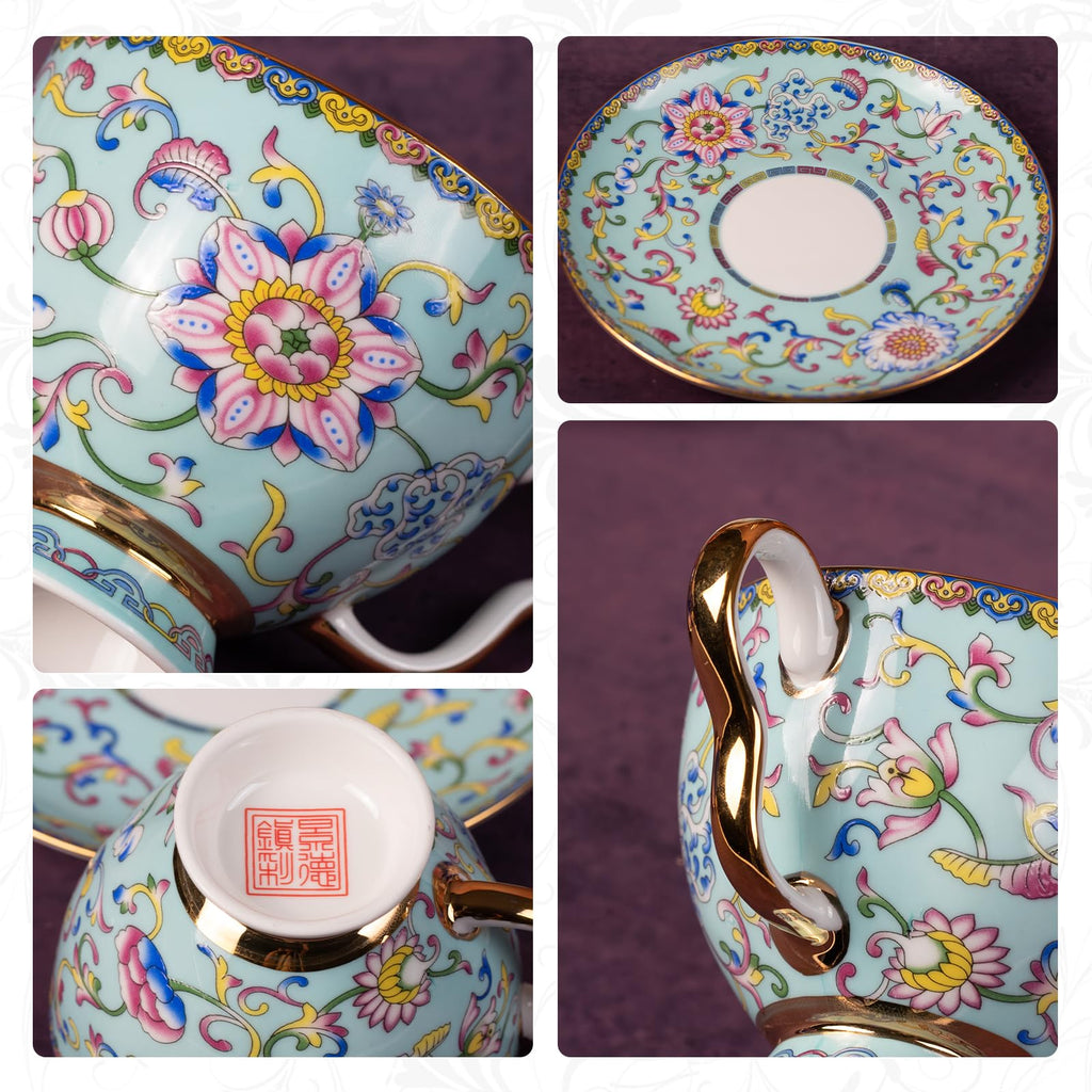 KAMMAK Tea Cup and Saucer, Ceramic Coffee Cups, 7.4 oz, Set of 2