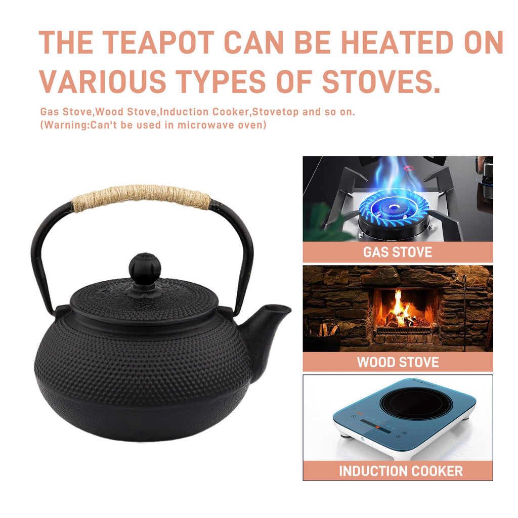 20.3oz Only, Small Tea Kettle for 1-2 Cups, Japanese Tetsubin, Cast Iron Teapot with Stainless Steel Infuser for Loose Leaf & Coffee, Tea Pot for Stovetop Safe, Enamel Interior(Black, 600ml)