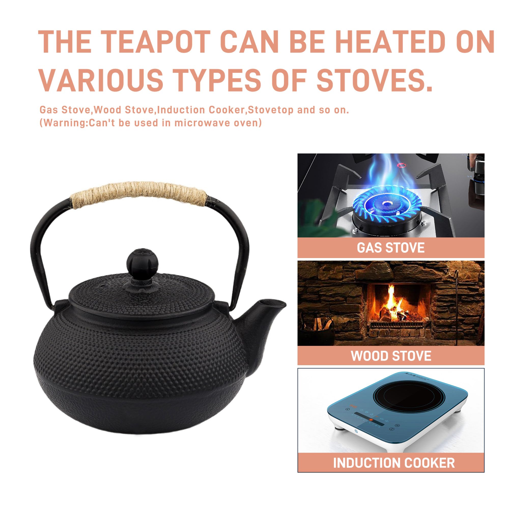 20.3oz Only, Small Tea Kettle for 1-2 Cups, Japanese Tetsubin, Cast Iron Teapot with Stainless Steel Infuser for Loose Leaf & Coffee, Tea Pot for Stovetop Safe, Enamel Interior(Black, 600ml)
