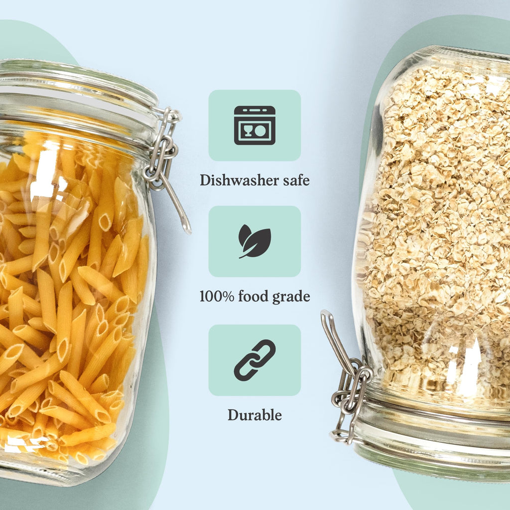Marbelous Set of 3 Glass Mason Jar 64 Ounces with Airtight Lid Large Jars With Stainless Steel Bail And Trigger Clamps