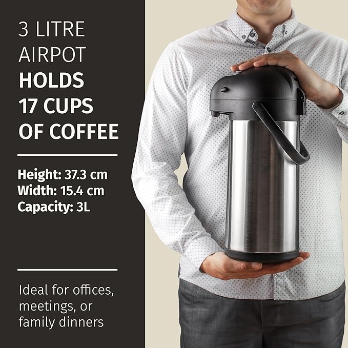 Cresimo Coffee Carafe with Pump - 102oz / 3L Airpot 12 Hours Large Hot Water Carafe, Cocoa Dispenser for Parties - Tea Flask, Insulated Stainless Steel Air Pots for Hot Beverage Dispenser -Coffee Pump
