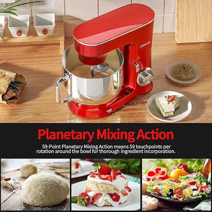COOKLEE Stand Mixer, 9.5 Qt. 660W 10-Speed Electric Kitchen Mixer with Dishwasher-Safe Dough Hooks, Flat Beaters, Wire Whip & Pouring Shield Attachments for Most Home Cooks, Ruby Red