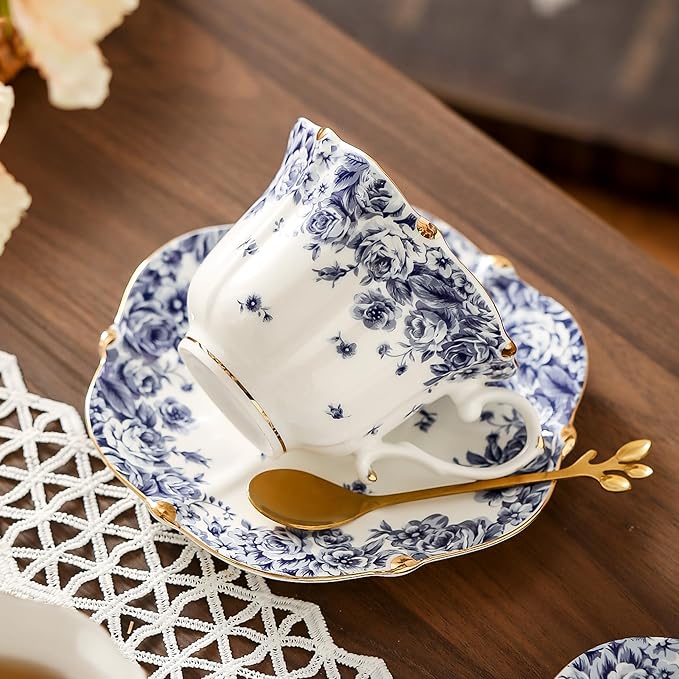 TATSUMI Country Roses Bone China Tea Cup and Saucer Set, 6 Pieces, Vintage Style, For Women and Tea Parties（sky blue，2 sets）