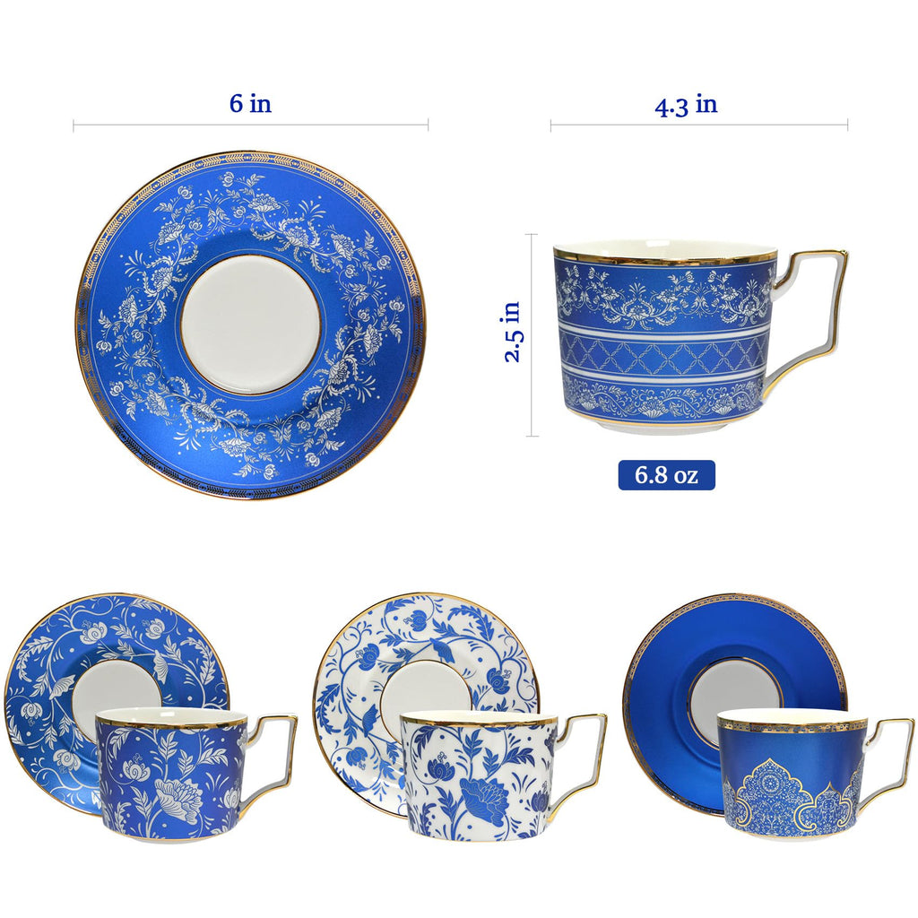 ACMLIFE Bone China Tea Cups and Saucers Set of 4, 6.8 oz Blue and White Tea Cups Set of 4, with Gold Trim and Gift Box (Blue-4)