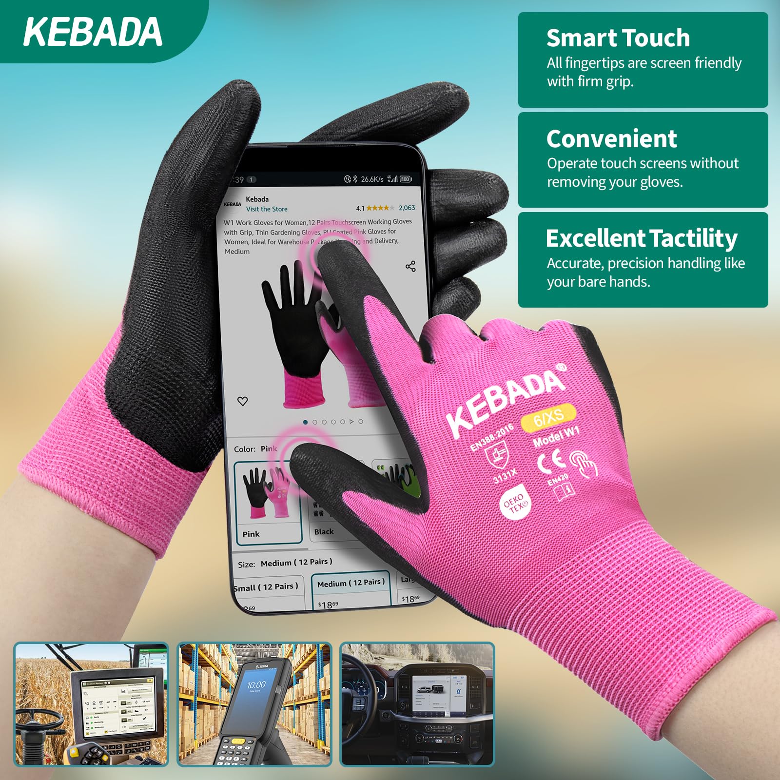 Kebada W1 Safety Work Gloves Women, Touchscreen, PU Coated, 12 Pairs, Pink