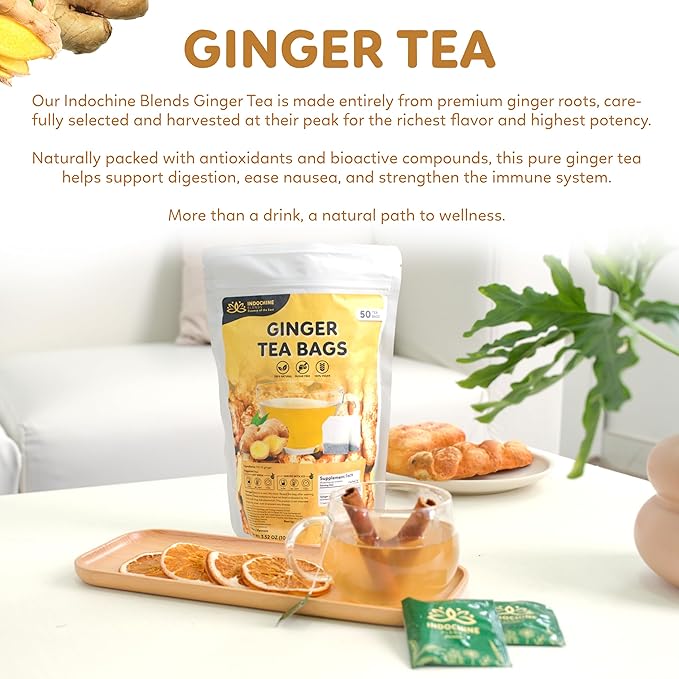 Indochine Blends, Ginger Tea Bags, 50 Teabags, 2g/bag, Individually Wrapped Envelopes, Caffeine-free, No Sugar, Healthy Belly Herbal Tea Supports Digestion & Boosts the Immune System