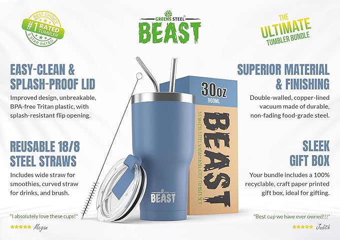 Beast 30 oz Tumbler Stainless Steel Vacuum Insulated Coffee Ice Cup Double Wall Travel Flask (Stormy Sky Blue)