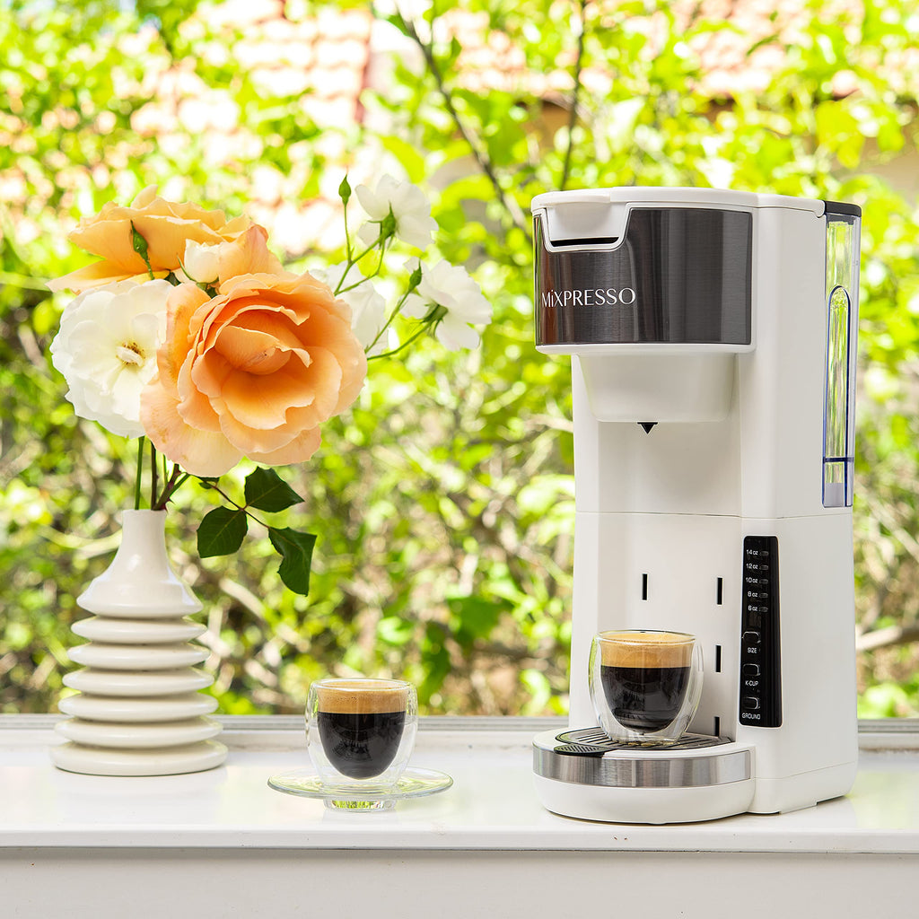 Mixpresso White Single Serve Coffee Brewer K-Cup Pods Compatible & Ground