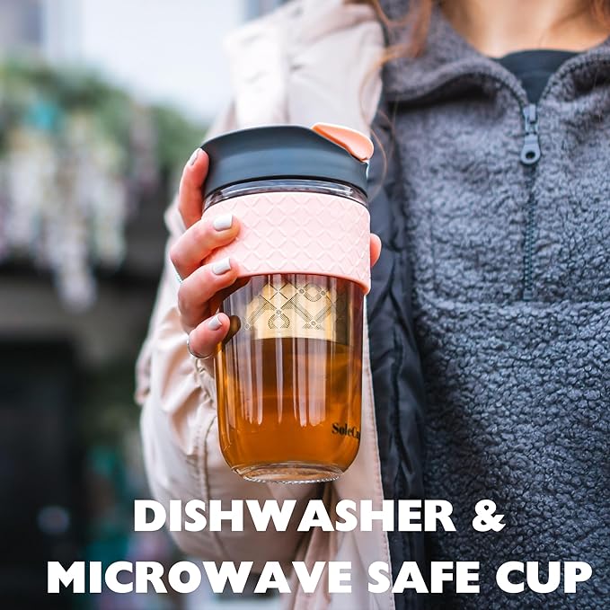 Large Travel Mug Loose Tea Infuser - Detachable Tea Strainer with Spill Proof Lid - 18oz/530ml BPA-Free Reusable Glass Travel Coffee Cup with Silicone Band (Red)