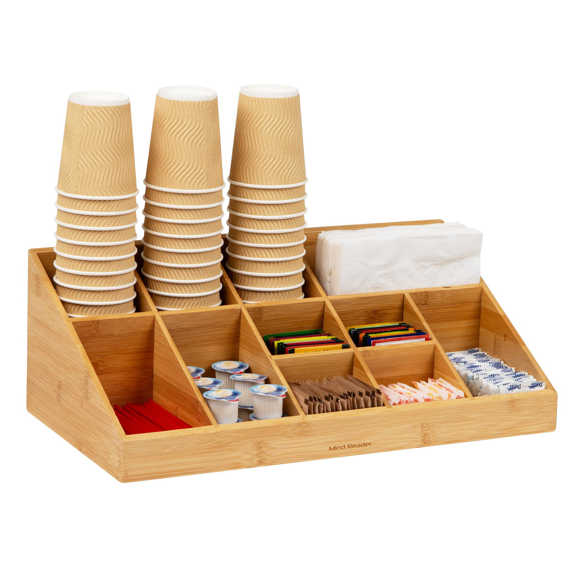 Mind Reader Cup and Condiment Station, Countertop Organizer, Coffee Bar, Kitchen, Stirrers, 17.875"L x 9.5"W x 6.625"H, Black