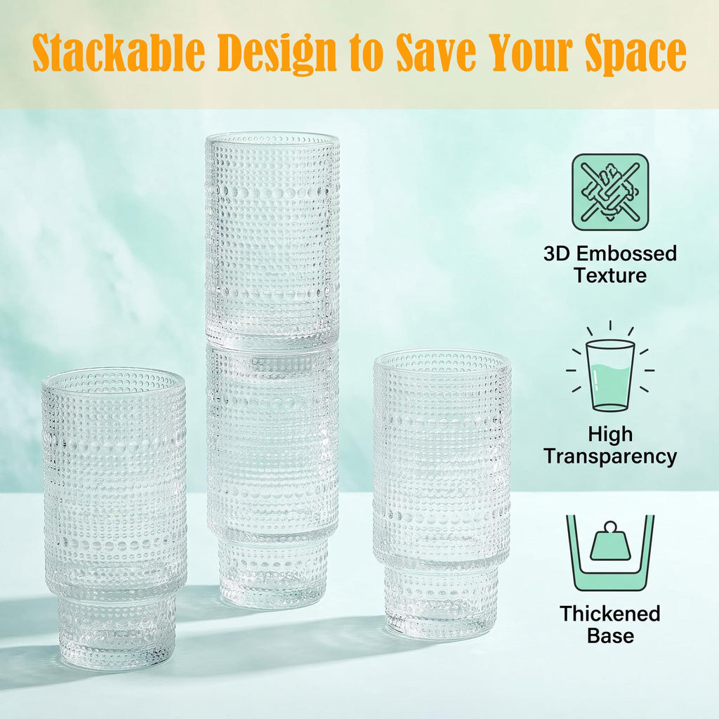 Icesip Glass Cups with Lids and Straws 16 oz Ribbed Drinking Glasses Set
