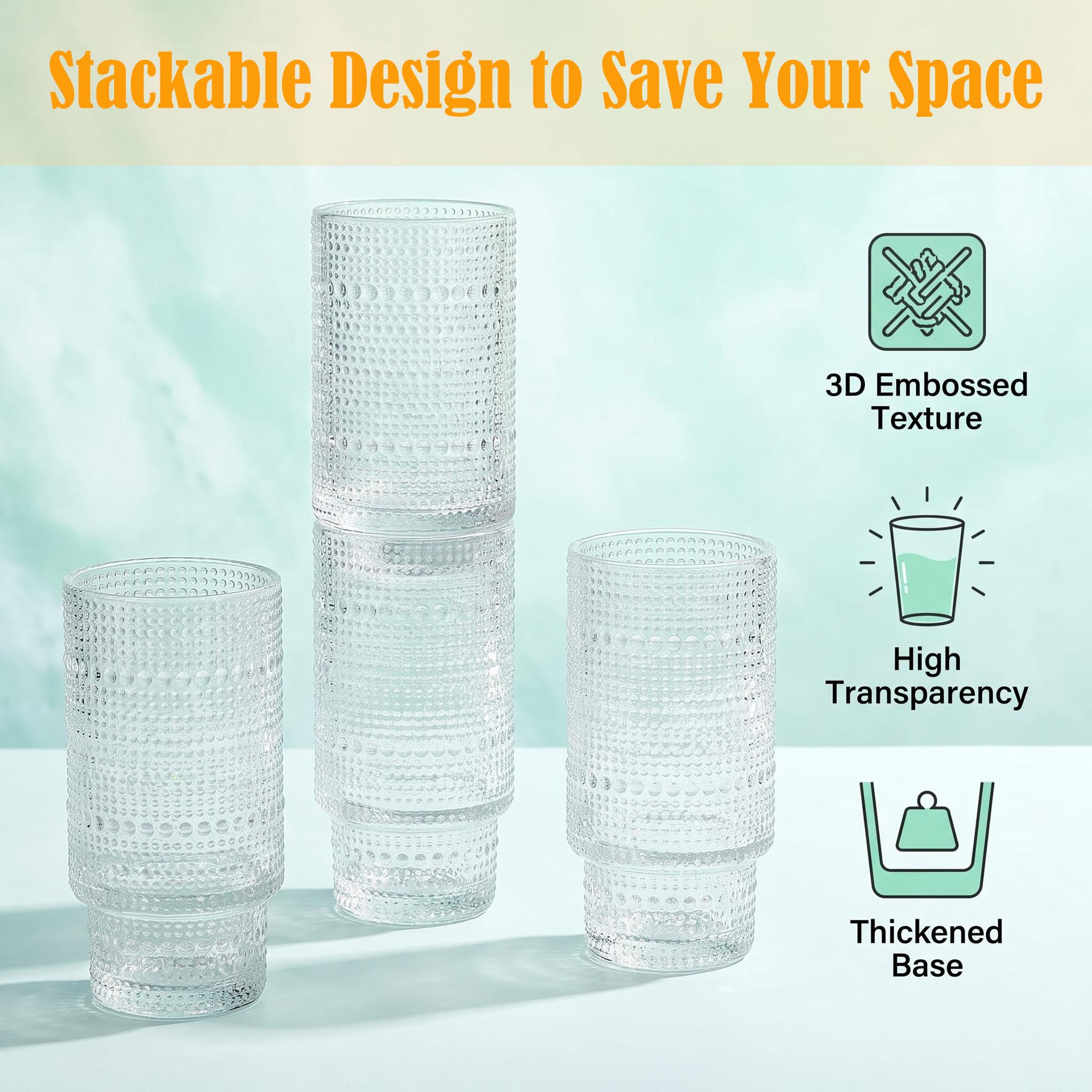 Icesip Glass Cups with Lids and Straws 16 oz Ribbed Drinking Glasses Set