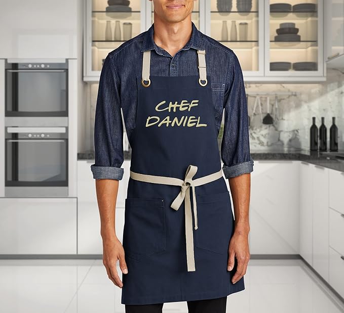 TEEAMORE Custom Embroidered Kitchen Apron Add Your Name Logo Design Cooking Baking Kitchen Chef Apron Gifts