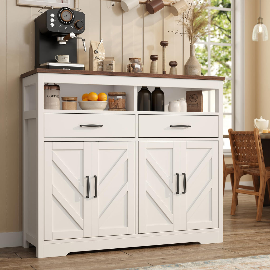 knoworld Buffet Sideboard with Storage Farmhouse with 4 Doors, 47'' Large Kitchen Storage Cabinet Wood Coffee Bar Cabinet Buffet Table with Shelves for Kitchen, Dining Room, Entryway, 47" W White