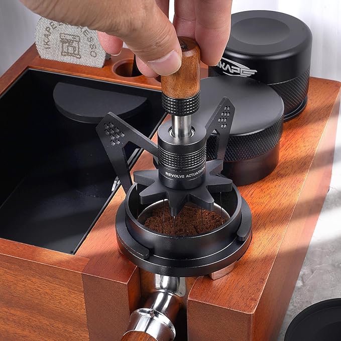 IKAPE Mantis WDT Distribution Tool, V3-51mm Espresso Stirrer Distribution Tool for Barista - 8 Needle Espresso Stirrer with Dosing Funnel & Stand, Adjustable Needle Height, Walnut Handle