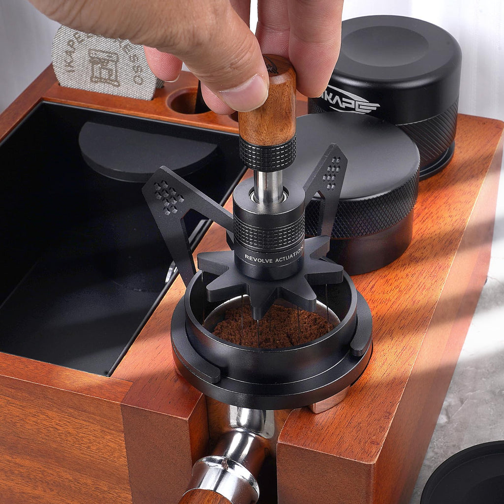 IKAPE Mantis WDT Distribution Tool, V1-40MM Espresso Stirrer for Barista - 10 Needle Espresso Stirrer with Dosing Funnel & Stand- Walnut Handle with Clean Brush, Black