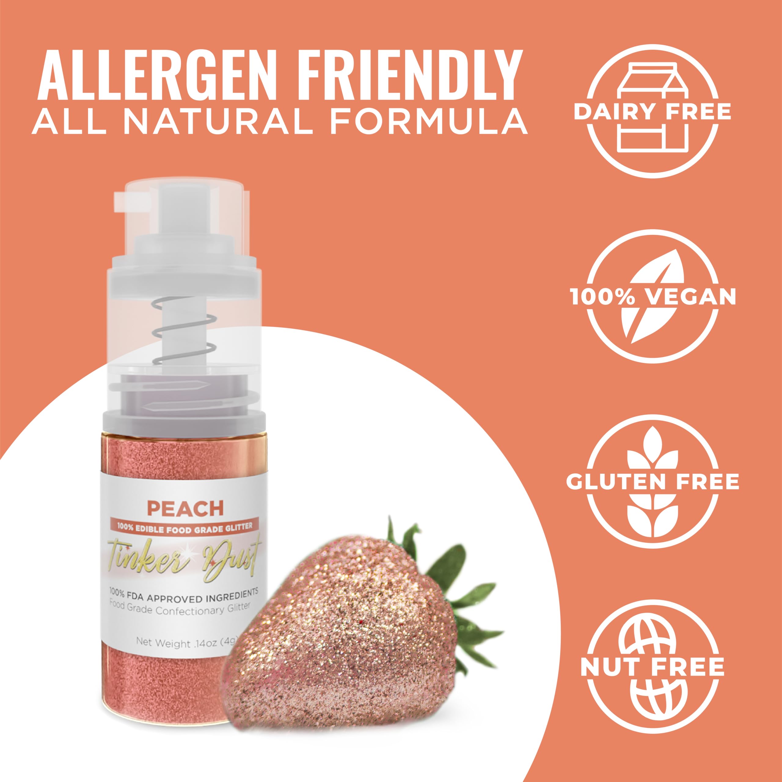 Bakell - Peach Tinker Dust (4g, 1x Mini Spray Pump) Edible Glitter for Food, Desserts, and Baked goods!