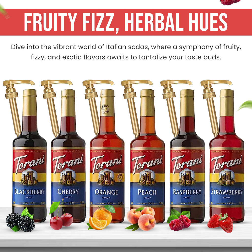 Torani Fruit Bowl Syrup Variety Pack – Raspberry, Strawberry, Blackberry, Cherry, Orange & Peach Flavors for Italian Soda, Lemonade, Tea, Mocktails & Drinks | 6 Pack with 6 Pumps