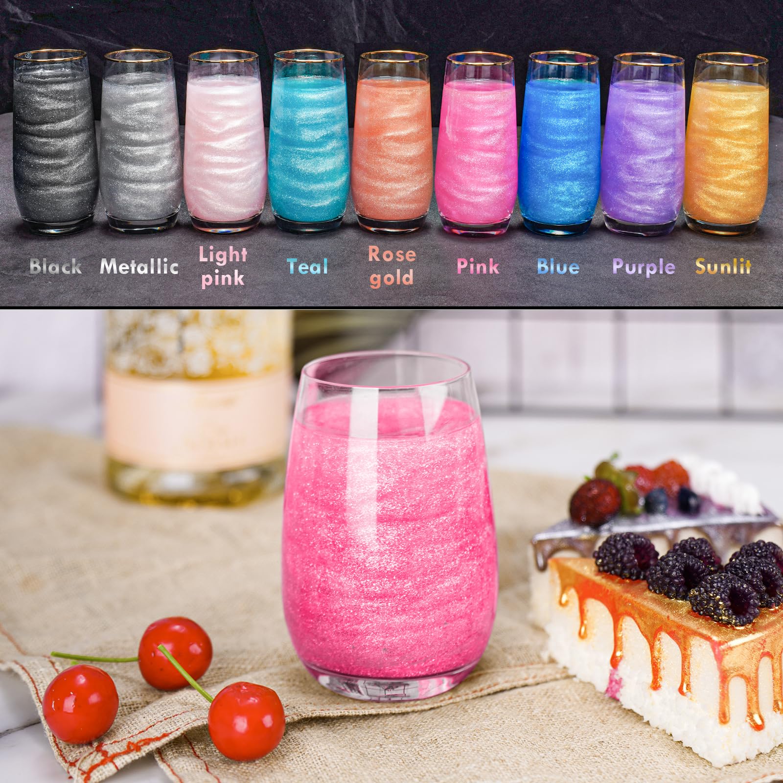 NiHome Edible Glitter Luster Dust, Vegan Shimmer for Drinks, Dessert, Pink