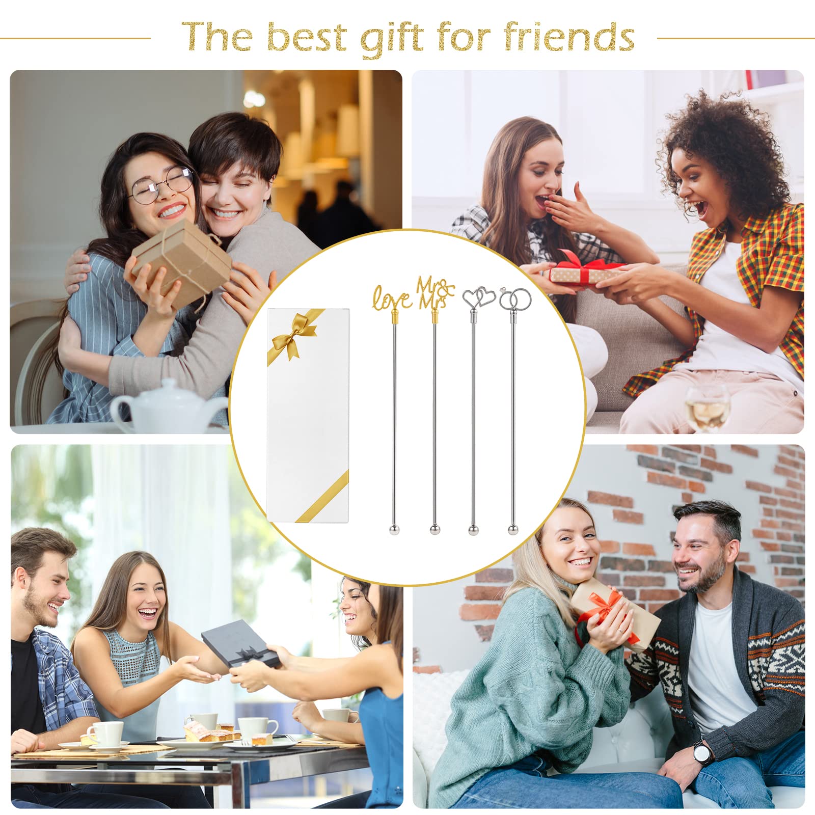 4Pcs Cocktail Stirrers Swizzle Sticks Stainless Steel 7.3" Coffee Stir Sticks with Gold Mr & Mrs,LOVE Shape, for Mixing Cocktail Metal Stir Sticks for Coffee Bar