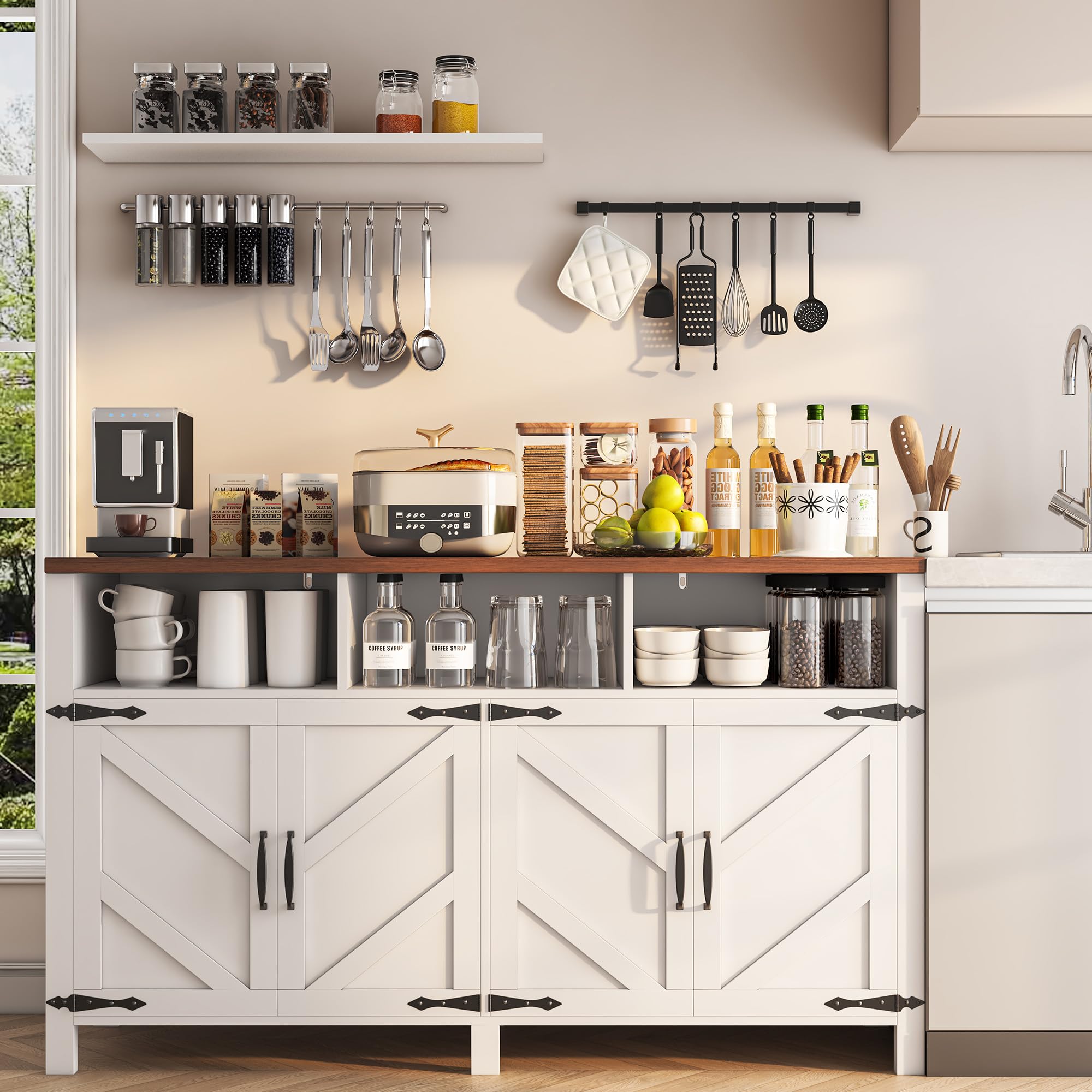 knoworld Buffet Sideboard with Storage Farmhouse, Large Kitchen Storage Cabinet Wood Coffee Bar Cabine Buffet for Kitchen, Dining Room, Living Room, 55in, White