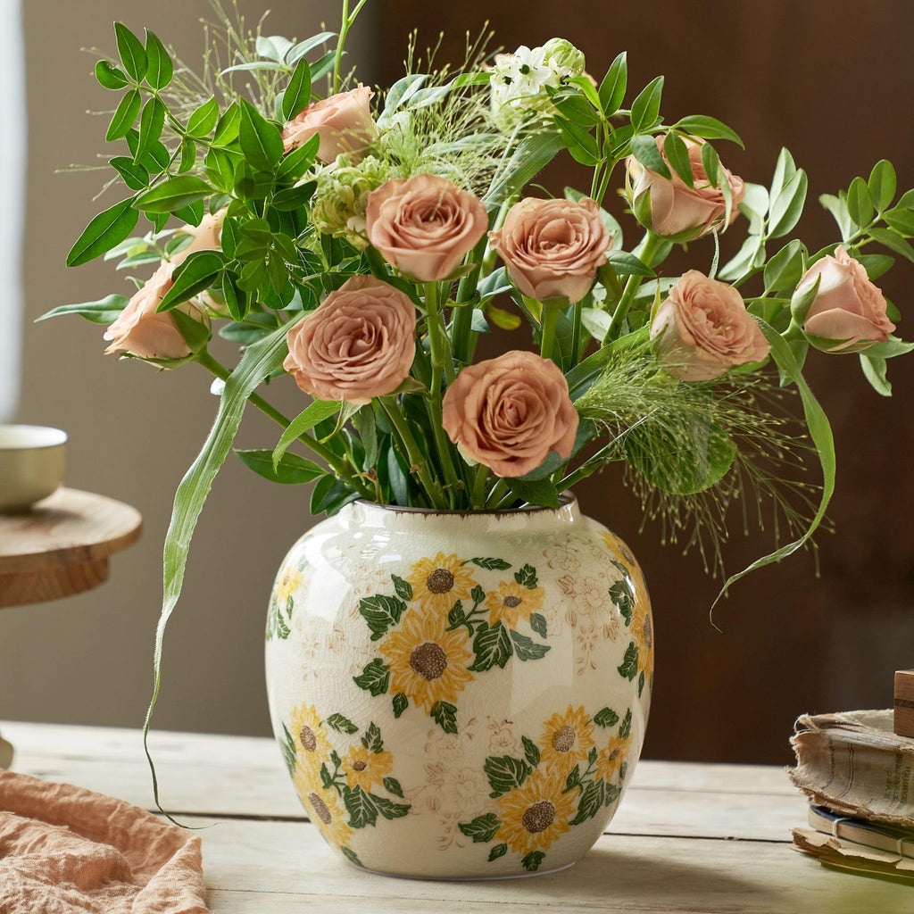 Levvohd Round Ceramic Vase, Sunflower Pattern, 6.3 Inch