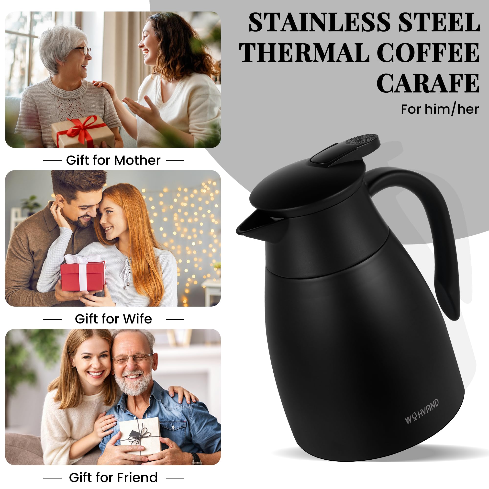 WYHVAND Thermal Coffee Carafe, 34 oz, Leakproof Push-Button Lid, Black