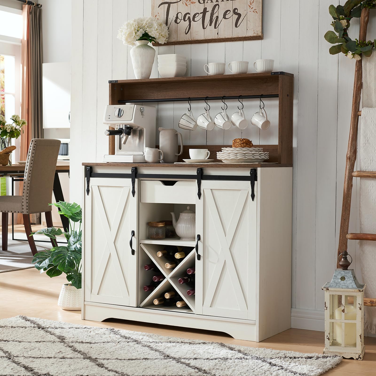 Wnutrees Farmhouse Coffee Bar Cabinet with Charging Station and USB, White