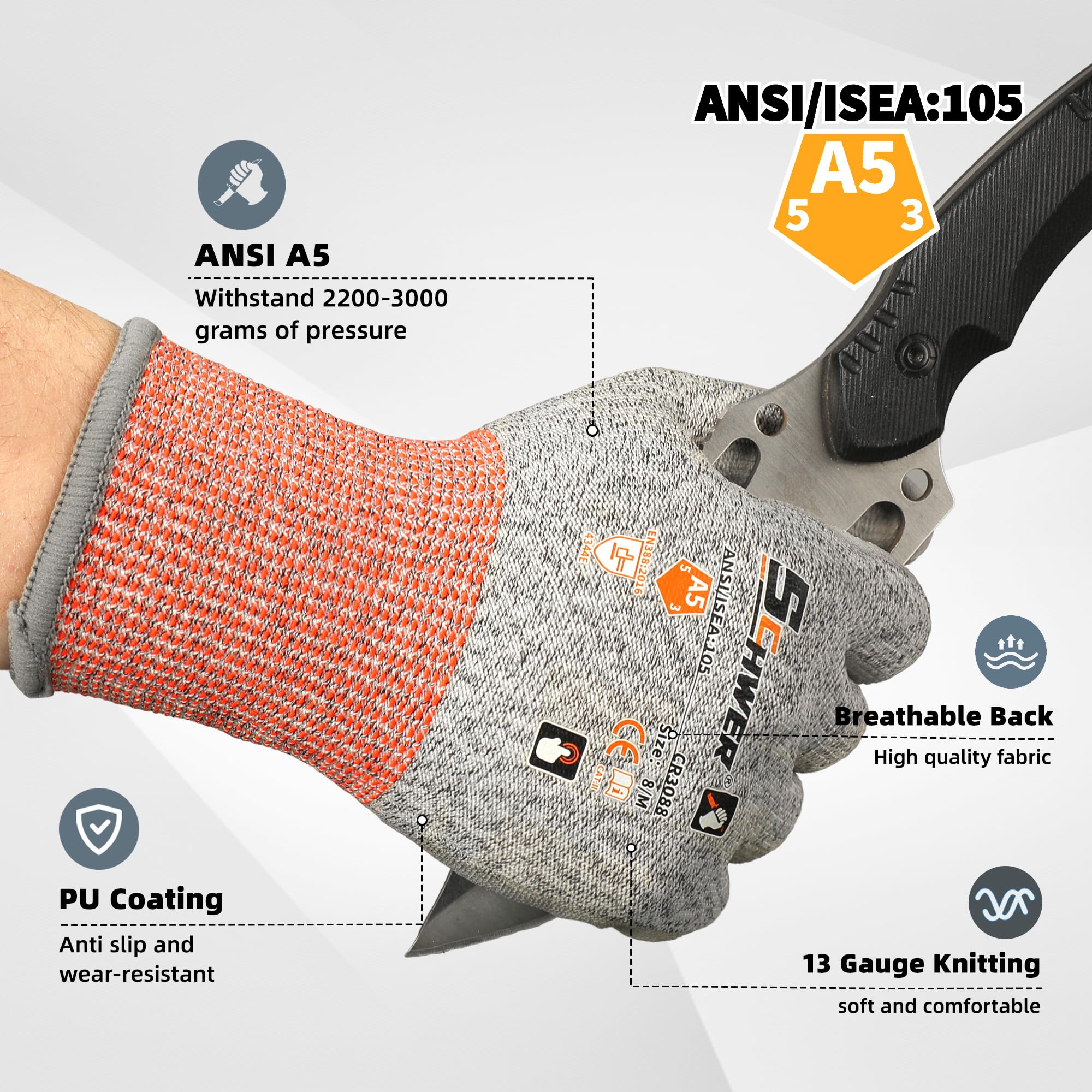 Schwer 12 Pairs A5 Cut Resistant Gloves, Non PFAS & Fiberglass，CR3088, XL