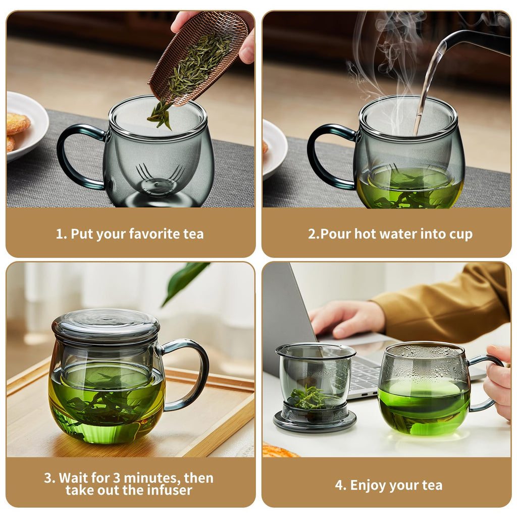Glass Tea Cup with Infuser and Lid, 17.6oz/520ml Large Borosilicate Teacup, Clear Mug for Loose Leaf Tea, Blooming Tea, Tea Bags - Perfect Christmas or Birthday Gift for Men.