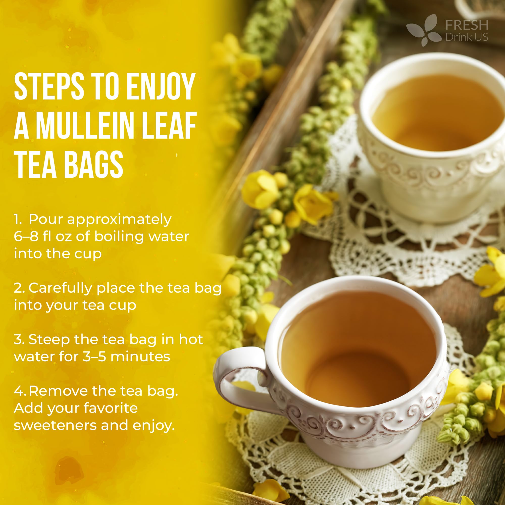 FreshDrinkUS, Premium Mullein Leaf Tea - 10 Bags, 100% Natural & Pure. Made with Eco-Conscious Tea Bags. No Sugar, No Caffeine, No Gluten, Vegan.