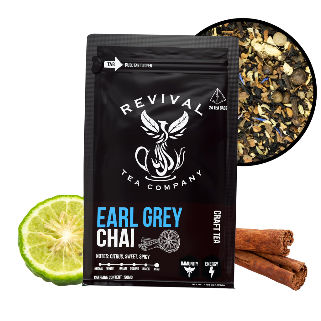 Revival Tea Company Earl Grey Chai Tea - Black Tea Blend with Fresh Spiced Chai and Bergamot Flavor - 24 Tea Bags