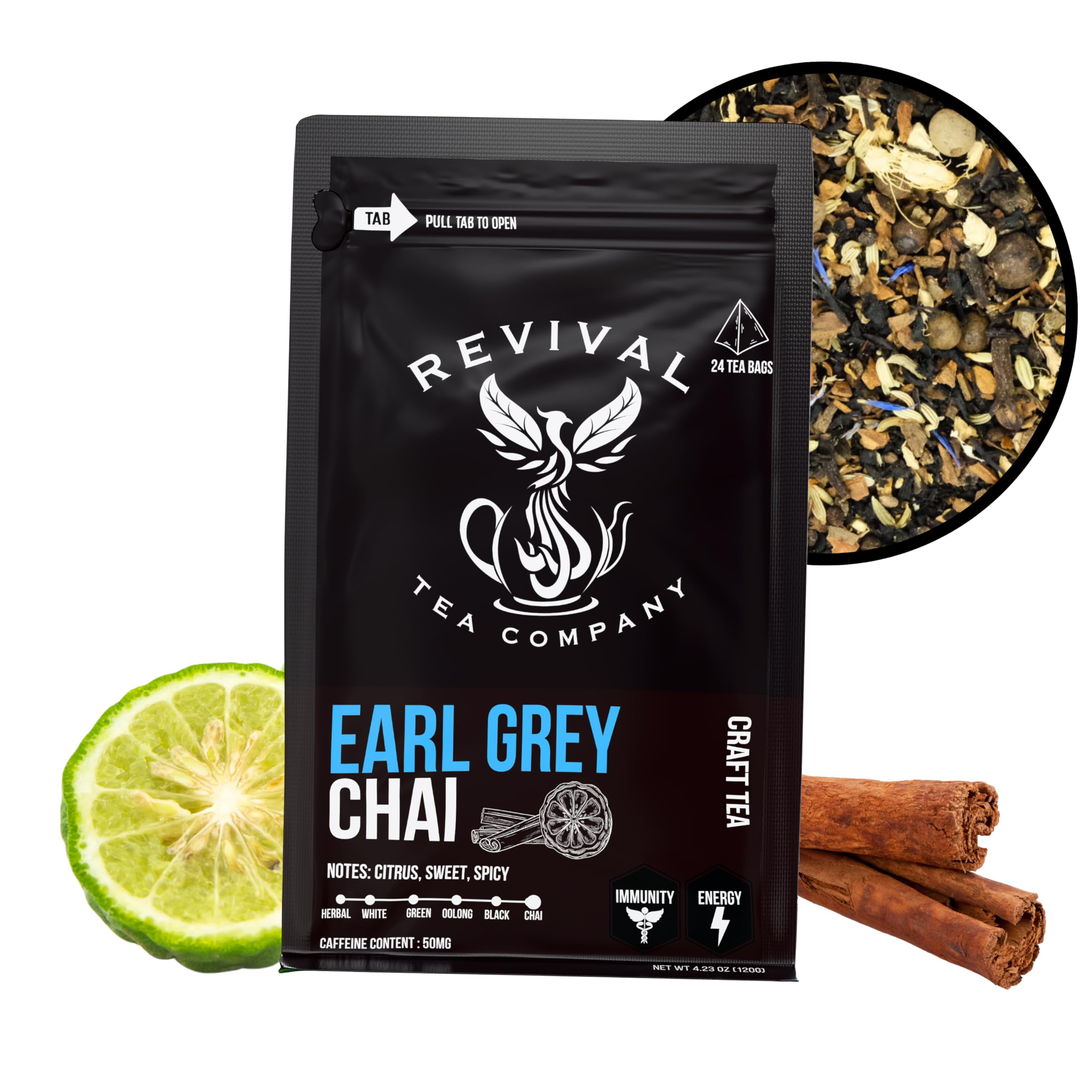 Revival Tea Company Earl Grey Chai Tea - Black Tea Blend with Fresh Spiced Chai and Bergamot Flavor - 24 Tea Bags