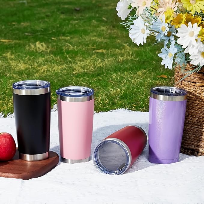 MEWAY 20oz Tumbler 8 Pack Double Wall Vacuum Insulated Travel Mug Bulk, Stainless Steel Tumblers with Lid and Straw, Durable Powder Coated Coffee Cups for Cold & Hot Drinks (Pink, 8)