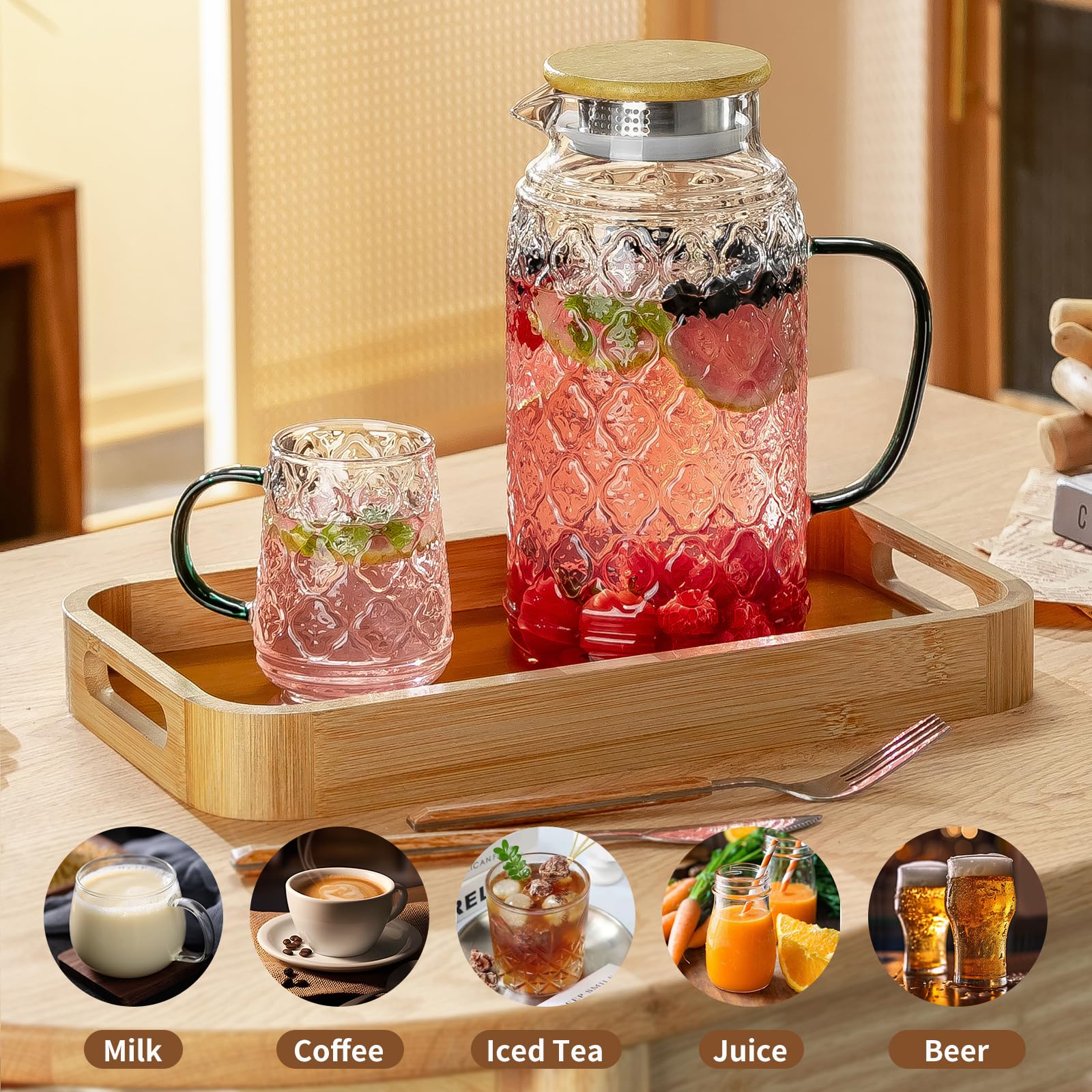 Buaic 2 PACK Glass Pitcher with Bamboo Lid, 68 oz/2L Vintage Water Pitcher, Clear Borosilicate Glass Water Carafe for Cold Brew, Coffee, Lemonade, Iced Sun Tea,Beverage, Heat Resistant Water Glass Jug