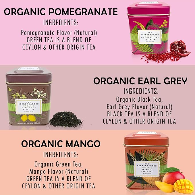 Premium USDA Organic Ceylon Tea Sampler Set - 6 Flavors, 50 Bags Per Tin (300 Total) Variety Pack Non-GMO, Herbal, Fruity, Green & Black, Caffeinated & Decaffeinated