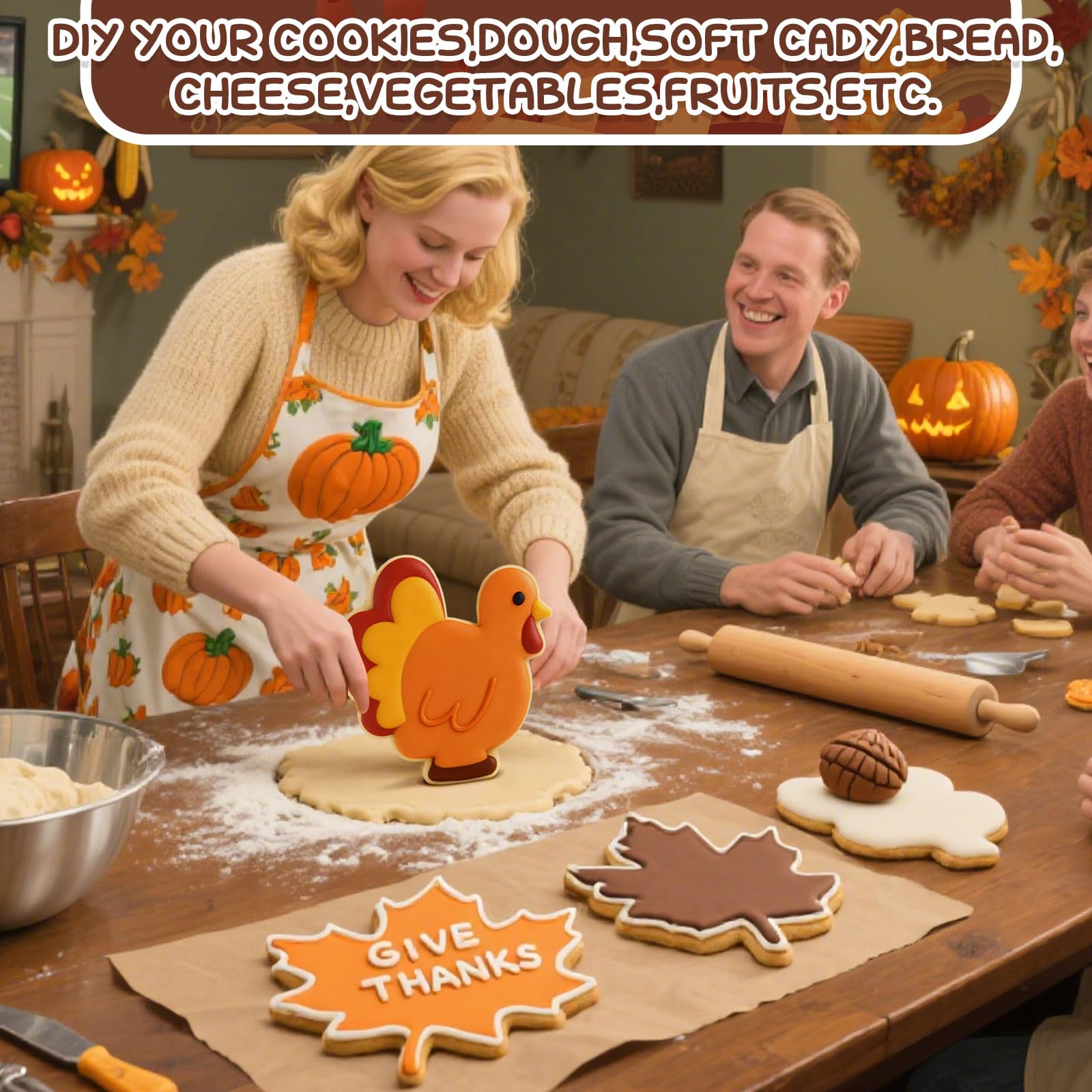 Teenyyou 3 Pcs 8 Inch Thanksgiving Turkey Cookie Cutters Set Extra Large Stainless Steel Fall Thanksgiving Pumpkin Maple Leaves Turkey Biscuit Cookie Cutter Mold for Baking Party Kitchen Accessory