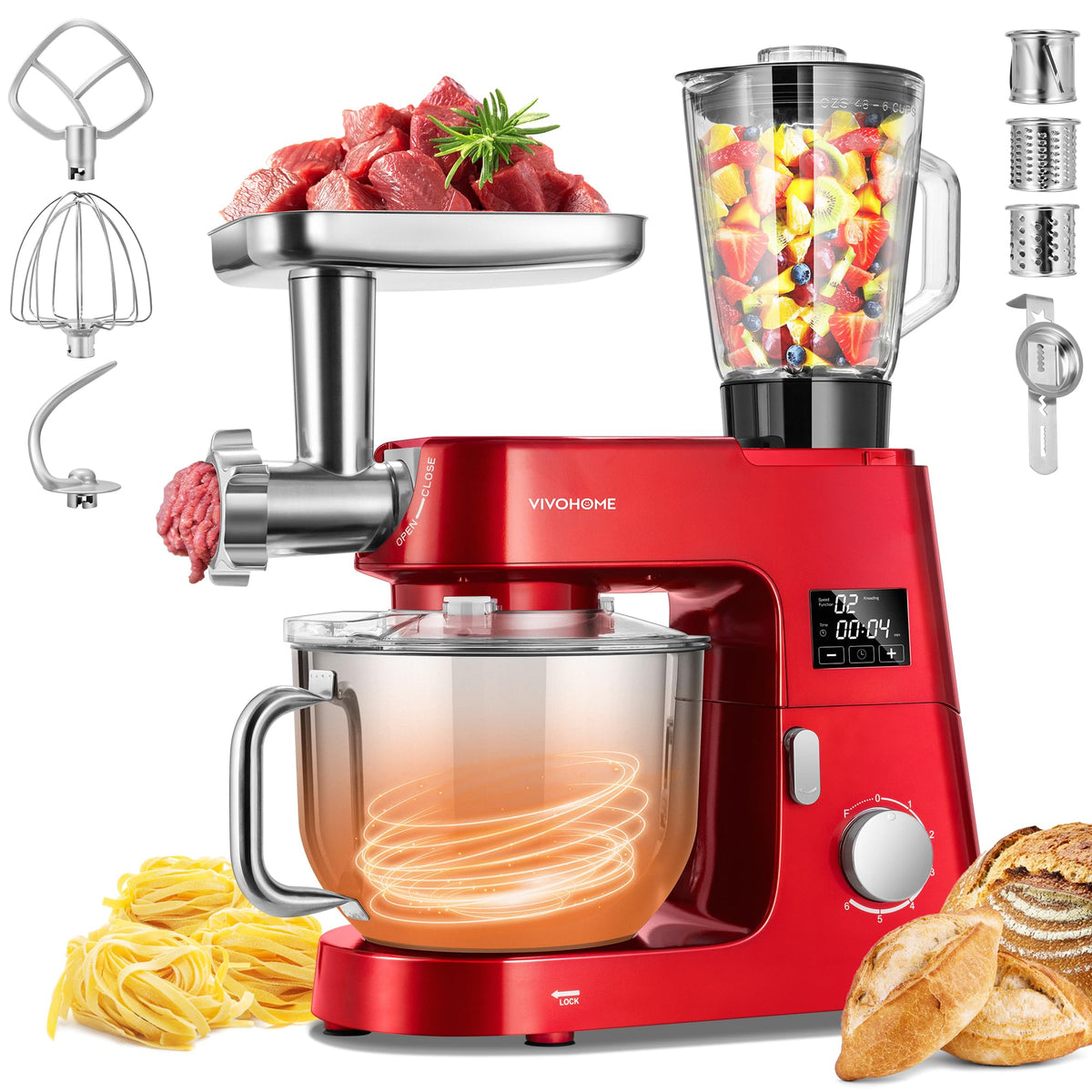 VIVOHOME 9-in-1 Stand Mixer with Fermentation & Timer, 7.5-Quart, Red