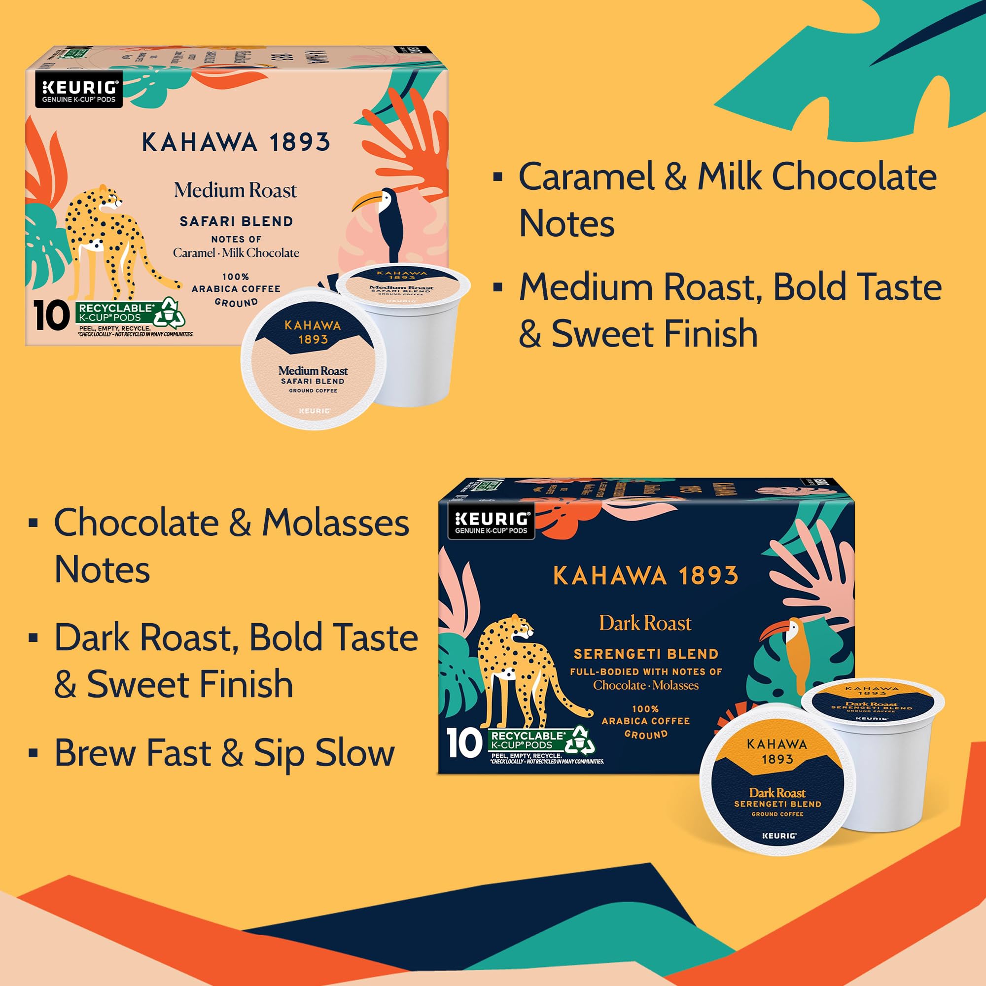 Kahawa 1893 Variety Pack Coffee K-Cup Pods - Safari & Serengeti Blend (40 Count) - As Seen on Shark Tank, 1 Box Medium Roast + 1 Box Dark Roast, Ethically & Sustainably Sourced