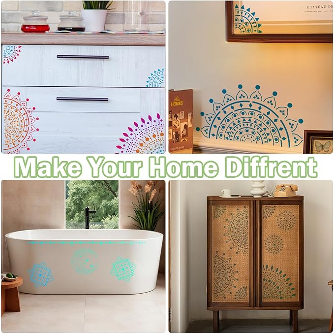 A4 Mandala 4 Pack 11x8'' Mandala Stencils for Painting on Wood, Floor, Wall, Tile Fabric, Reusable Furniture Stencils Painting Template