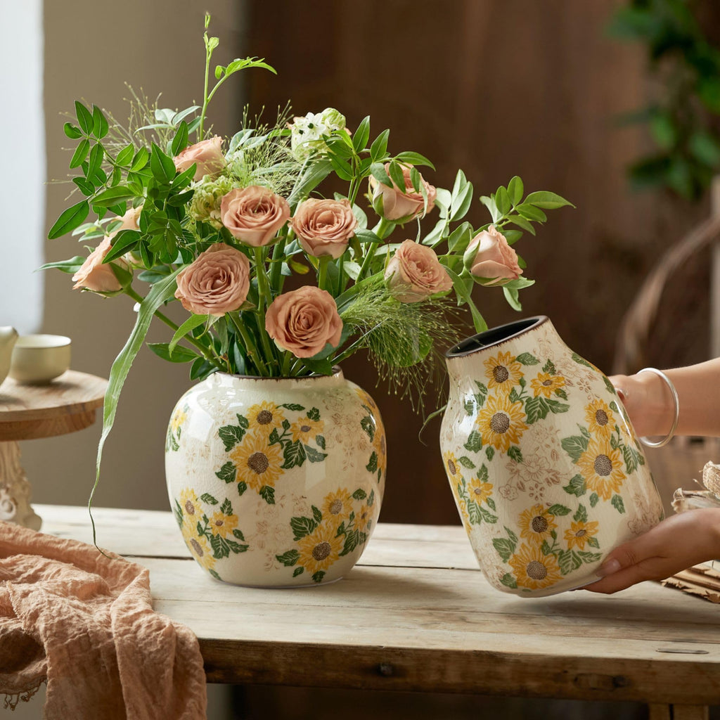 Levvohd Round Ceramic Vase, Sunflower Pattern, 6.3 Inch