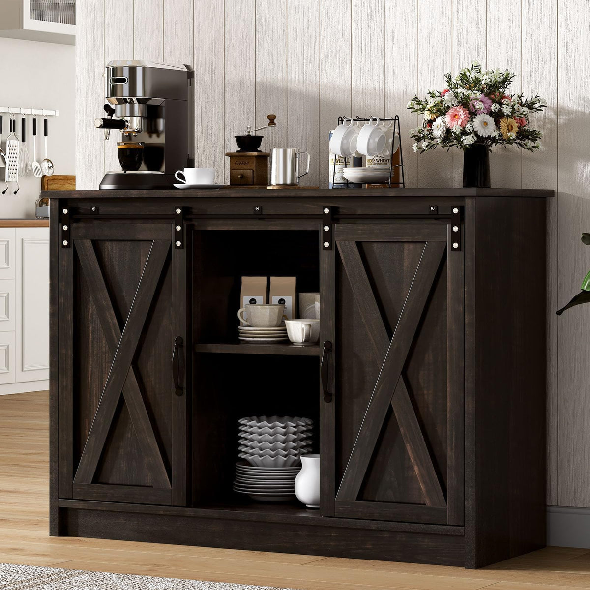 4 EVER WINNER Farmhouse Coffee Bar, 42 Inch Coffee Bar Cabinet, Wash Grey