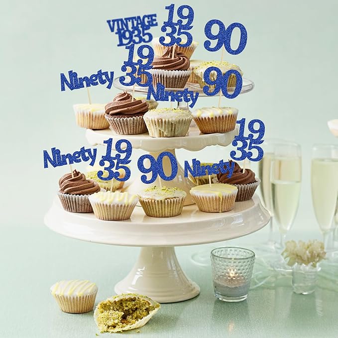 Gyufise 24Pcs Vintage 1935 Cupcake Toppers Glitter Cheers to 90 Fabulous Ninety Cupcake Picks 90th Birthday Wedding Anniversary Party Cake Decorations Supplies Deep Blue
