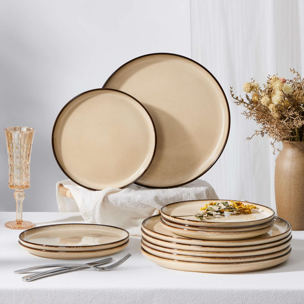 Herogo Ceramic 7.9 Inch Dinner Dessert Plates Set of 6, Small Stoneware Dinnerware Plate Set, Double Reactive Glaze Large Dinnerware Plates for Kitchen, Microwave, Oven & Dishwasher Safe, Cream Khaki