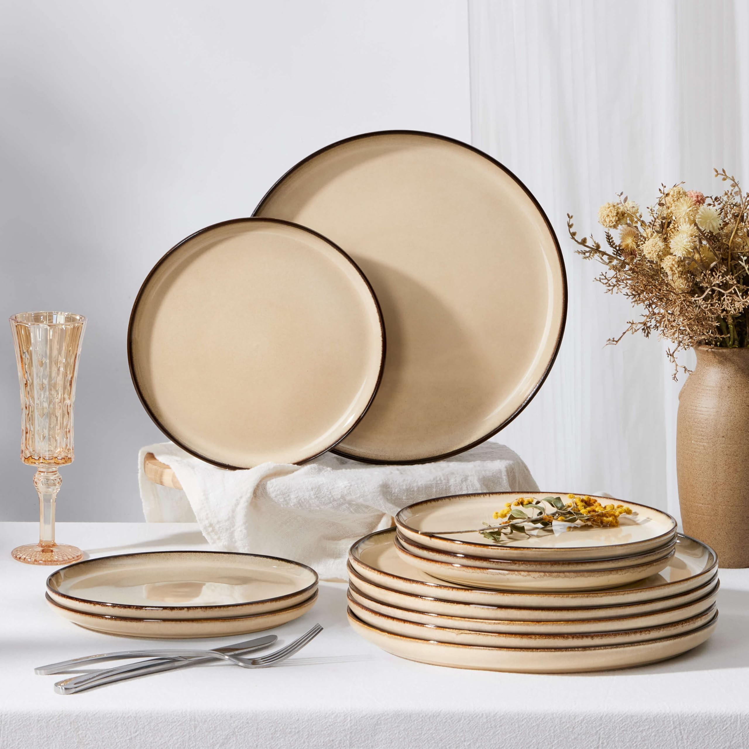 Herogo Ceramic 7.9 Inch Dinner Dessert Plates Set of 6, Small Stoneware Dinnerware Plate Set, Double Reactive Glaze Large Dinnerware Plates for Kitchen, Microwave, Oven & Dishwasher Safe, Cream Khaki